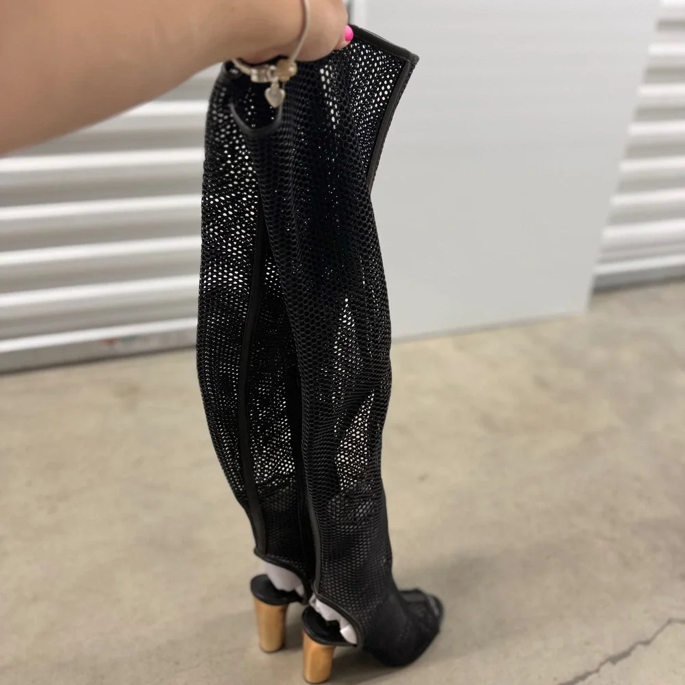 Bamboo Black Mesh Over The Knee Boots Open Toe Gold Block Heel Womens 7